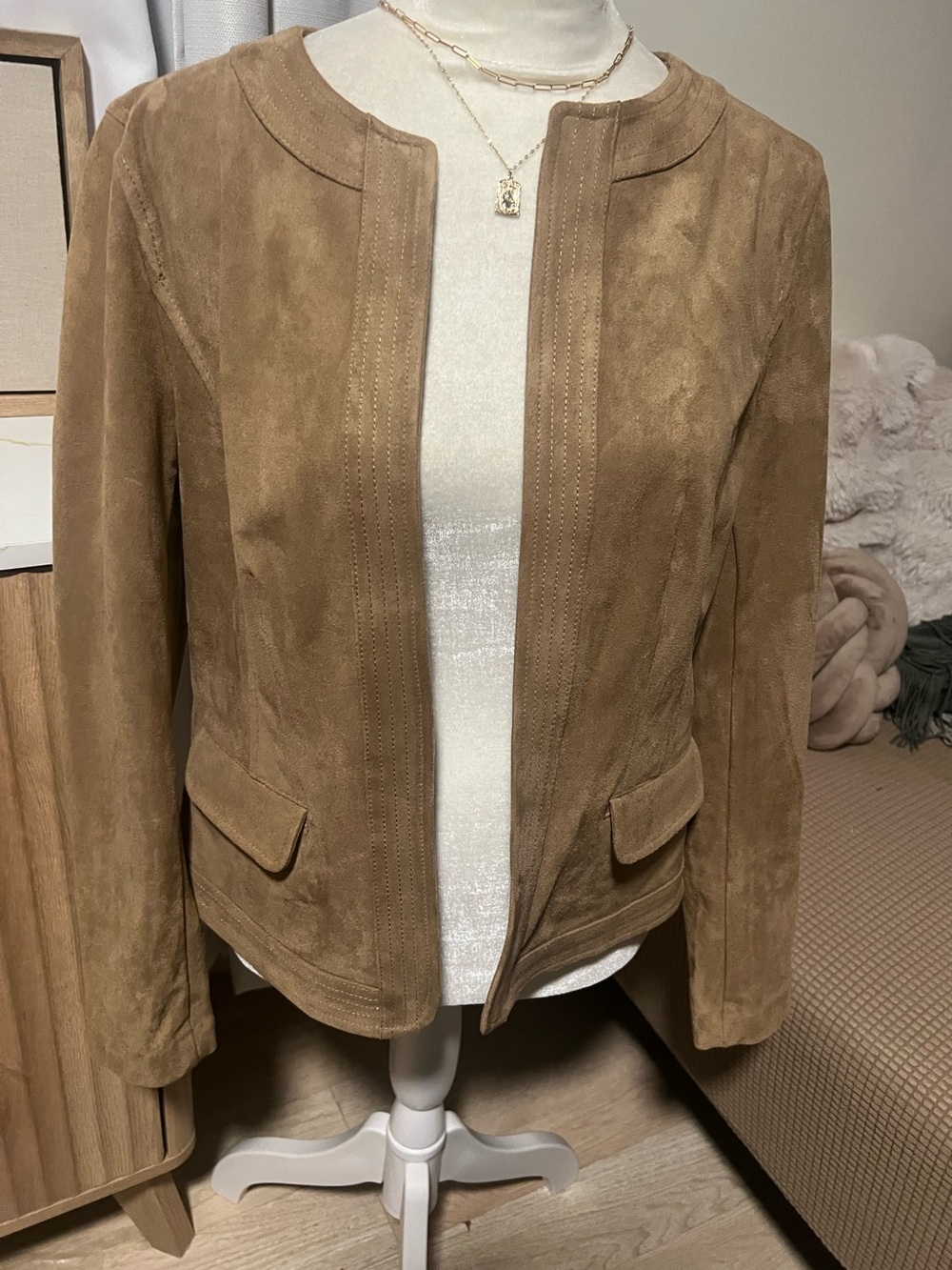 Women’s Tan Faux Suede Open-Front Jacket